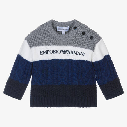 Emporio Armani-Baby Boys Grey & Blue Wool Knit Sweater | Childrensalon Outlet