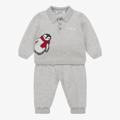 Emporio Armani-Baby Boys Grey Wool Knit Trousers Set | Childrensalon Outlet