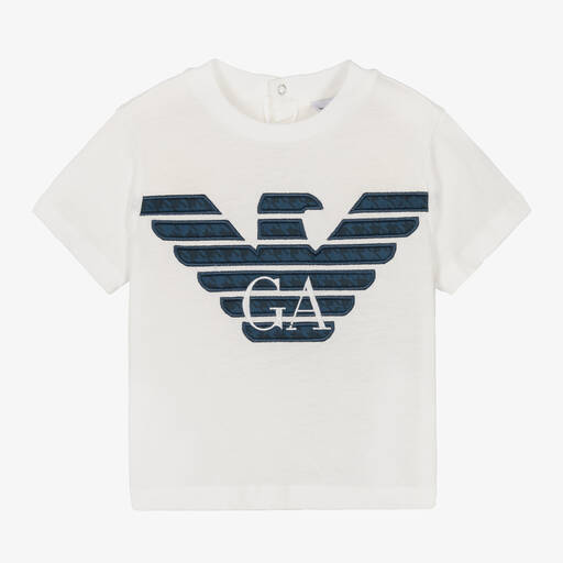 Emporio Armani-Baby Boys Ivory & Blue Eagle Logo T-Shirt | Childrensalon Outlet