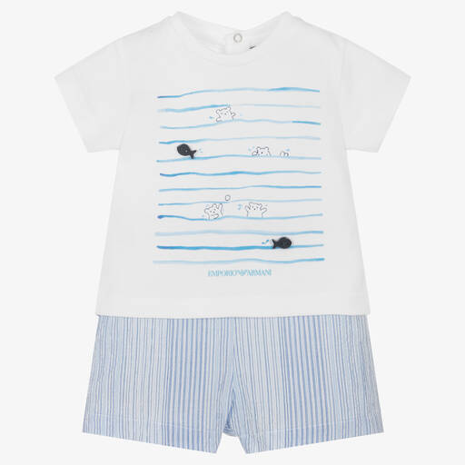 Emporio Armani-Baby Boys White & Blue Logo Shorts Set | Childrensalon Outlet
