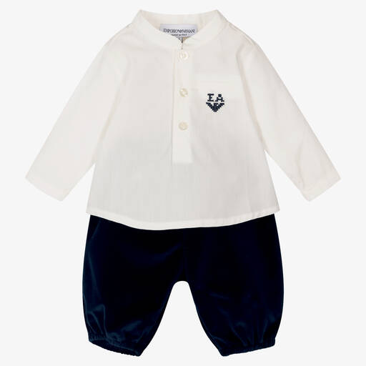Emporio Armani-Baby Boys White & Blue Trouser Set | Childrensalon Outlet
