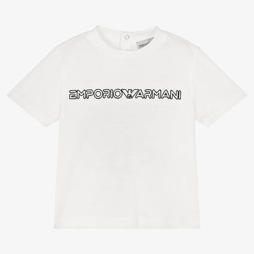 Emporio Armani-Baby Boys White Embroidered Logo T-Shirt | Childrensalon Outlet