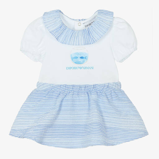 Emporio Armani-طقم تنورة قطن لون أبيض وأزرق للمولودات | Childrensalon Outlet