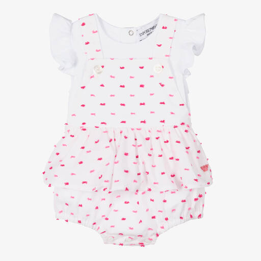 Emporio Armani-Baby Girls White Cotton Dungarees Set | Childrensalon Outlet