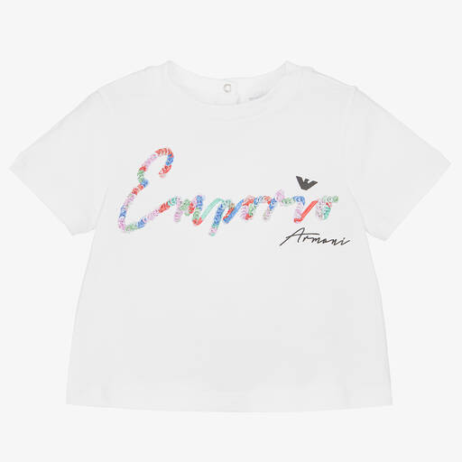 Emporio Armani-Baby Girls White Cotton Logo T-Shirt | Childrensalon Outlet