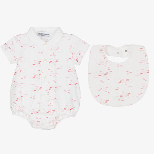 Emporio Armani-Baby Girls White & Pink Cotton Shortie Set | Childrensalon Outlet