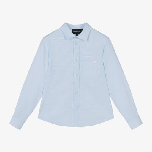 Emporio Armani-Blue Boys Checked Cotton Shirt | Childrensalon Outlet