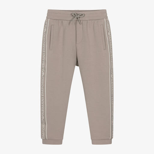 Emporio Armani-Boys Beige Cotton Logo Tape Joggers | Childrensalon Outlet