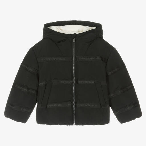 Emporio Armani-Boys Black Hooded Puffer Jacket | Childrensalon Outlet