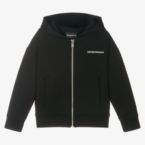 Emporio Armani-Boys Black Hooded Zip-Up Top | Childrensalon Outlet