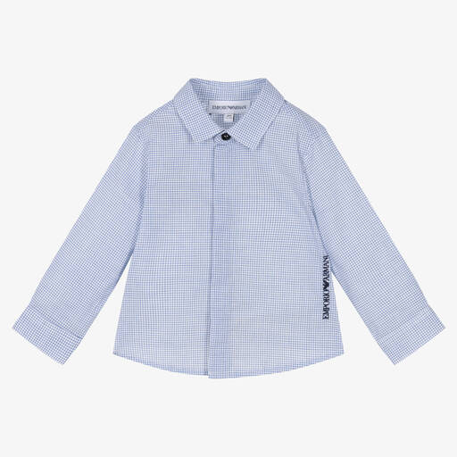 Emporio Armani-Boys Blue Cotton Check Shirt | Childrensalon Outlet
