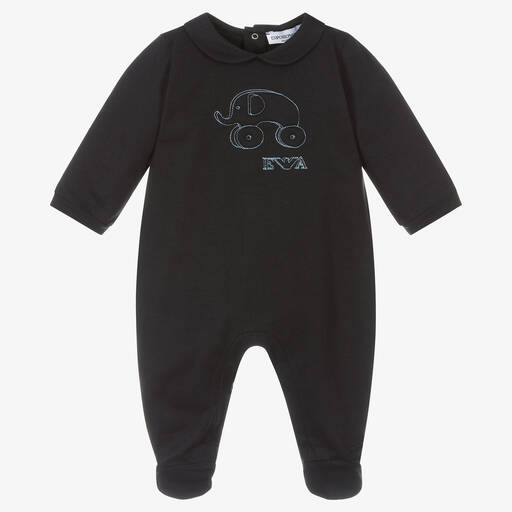 Emporio Armani-Boys Blue Cotton Elephant Babygrow | Childrensalon Outlet