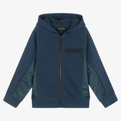 Emporio Armani-Boys Blue Cotton Zip-Up Hoodie | Childrensalon Outlet