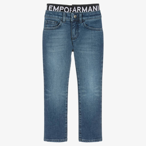 Emporio Armani- Boys Blue Denim Logo Waist Insert Jeans | Childrensalon Outlet