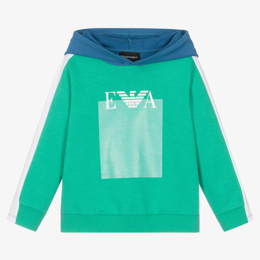 Emporio Armani-توب هودي قطن لون أزرق وأخضر للأولاد | Childrensalon Outlet