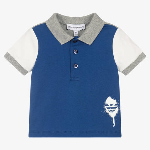Emporio Armani-توب بولو قطن لون رمادي وأزرق للأولاد | Childrensalon Outlet