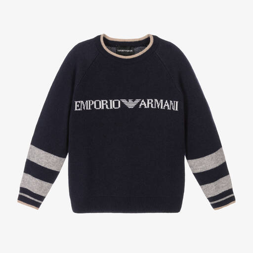 Emporio Armani-Boys Blue Knitted Logo Sweater | Childrensalon Outlet