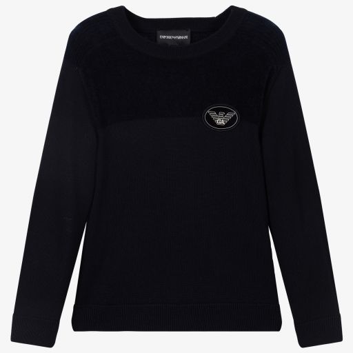 Emporio Armani-كنزة صوف وقطن قطيفة لون كحلي للأولاد | Childrensalon Outlet