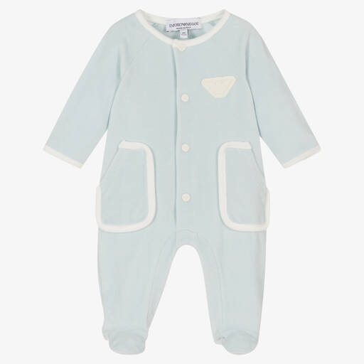 Emporio Armani-Boys Blue Velour Babygrow | Childrensalon Outlet