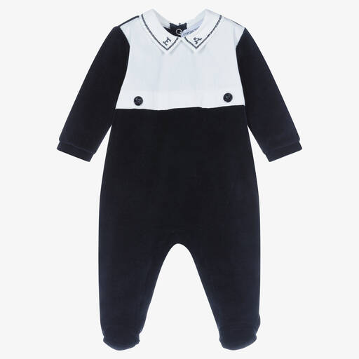 Emporio Armani-Boys Blue Velour Babygrow | Childrensalon Outlet