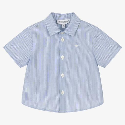 Emporio Armani-Boys Blue & White Striped Cotton Shirt  | Childrensalon Outlet