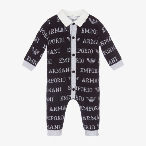 Emporio Armani-Boys Blue Wool & Silk Romper | Childrensalon Outlet