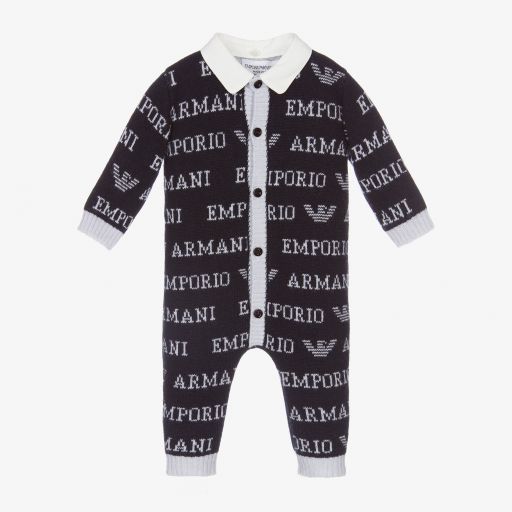 Emporio Armani-أوفرول رومبر مزيج صوف وحرير لون كحلي للمواليد | Childrensalon Outlet