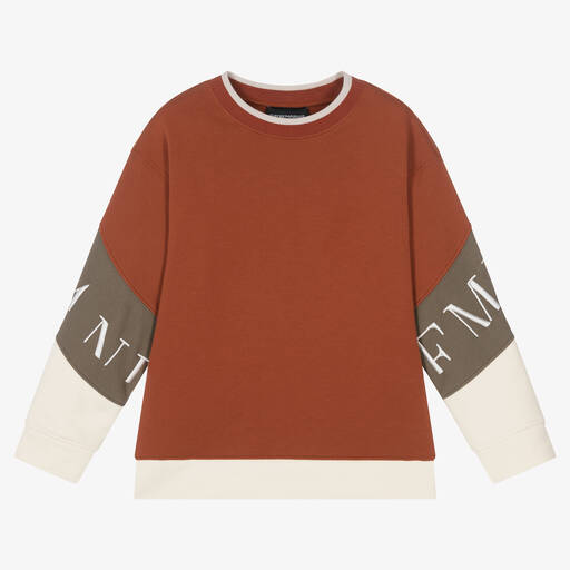 Emporio Armani-Boys Brown & Ivory Embroidered Sweatshirt | Childrensalon Outlet