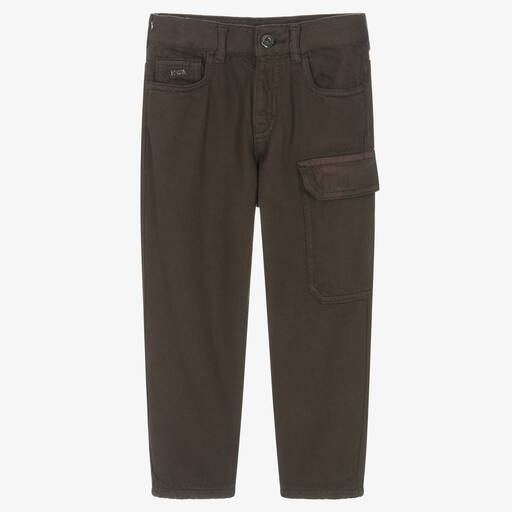 Emporio Armani-Boys Brown Organic Cotton Cargo Trousers  | Childrensalon Outlet