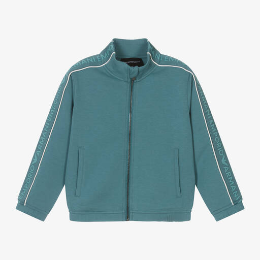 Emporio Armani-Boys Green Cotton Zip-Up Top | Childrensalon Outlet