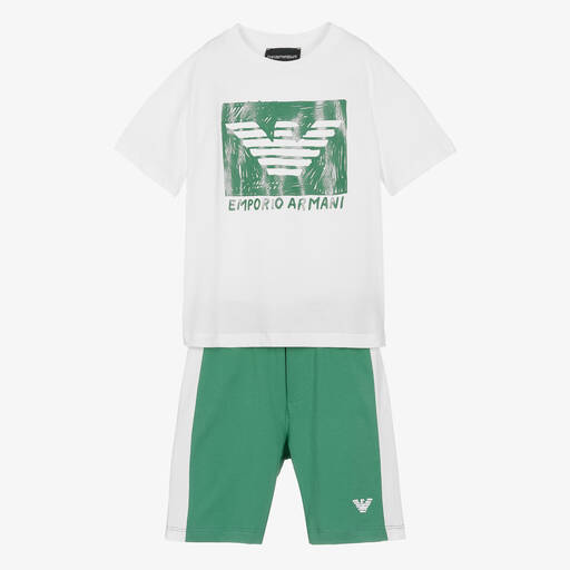 Emporio Armani-Boys Green & White Sketch Logo Shorts Set | Childrensalon Outlet