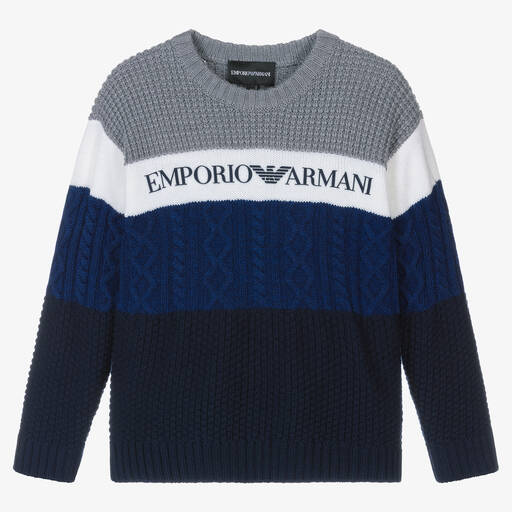 Emporio Armani-Boys Grey & Blue Wool Knit Sweater | Childrensalon Outlet
