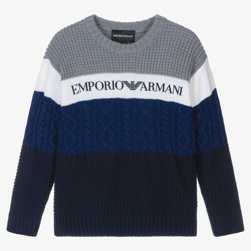 Emporio Armani-بلوفر مزيج صوف محبوك لون أزرق ورمادي للأولاد | Childrensalon Outlet