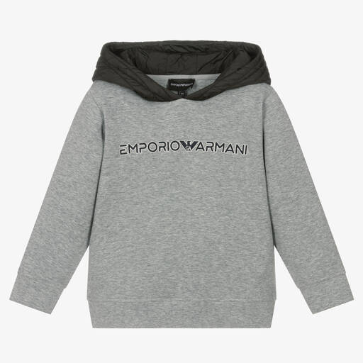 Emporio Armani-Boys Grey Cotton Logo Hoodie | Childrensalon Outlet