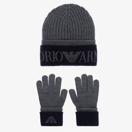 Emporio Armani-Boys Grey & Navy Blue Wool Knit Hat Set  | Childrensalon Outlet