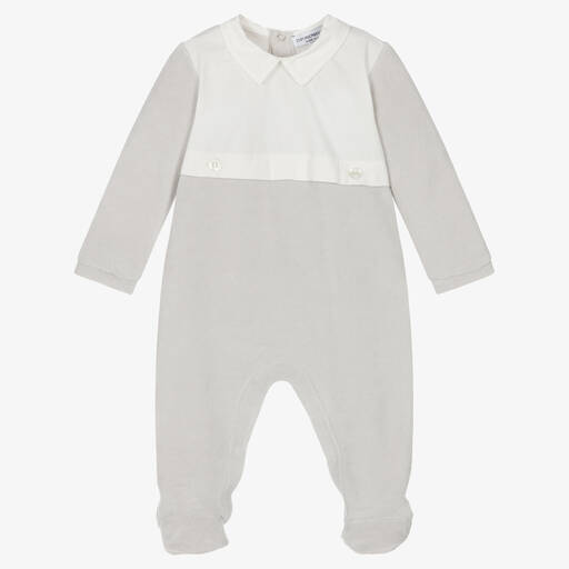 Emporio Armani-Boys Grey Velour Babygrow | Childrensalon Outlet