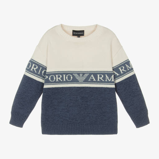 Emporio Armani-Кремово-синий вязаный джемпер из хлопка | Childrensalon Outlet