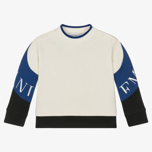 Emporio Armani-Sweat-shirt ivoire et bleu en coton | Childrensalon Outlet