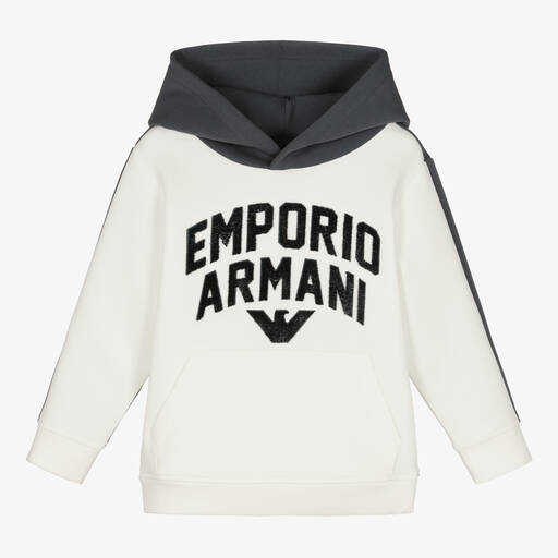 Emporio Armani-توب هودي قطن جيرسي لون أزرق وعاجي للأولاد | Childrensalon Outlet