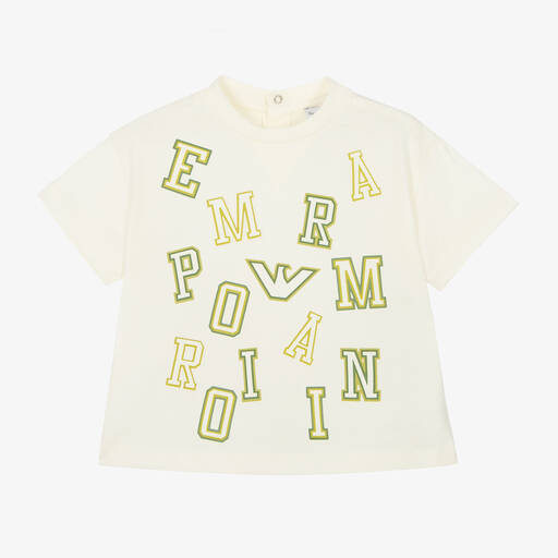 Emporio Armani-Boys Ivory Cotton Letter Print T-Shirt | Childrensalon Outlet