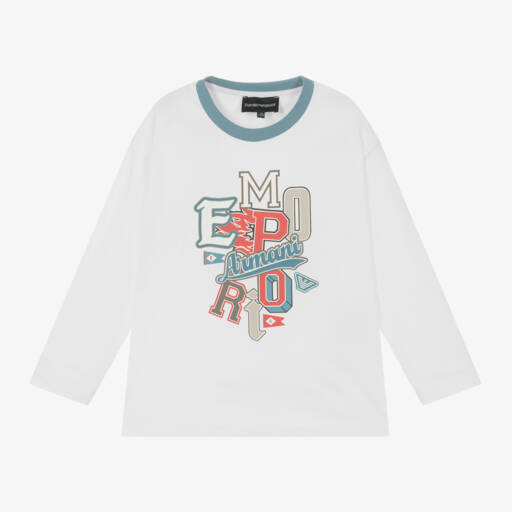 Emporio Armani-Boys Ivory Graphic Long Sleeve Tee | Childrensalon Outlet