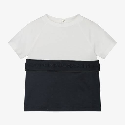 Emporio Armani-Boys Ivory & Navy Blue T-Shirt | Childrensalon Outlet