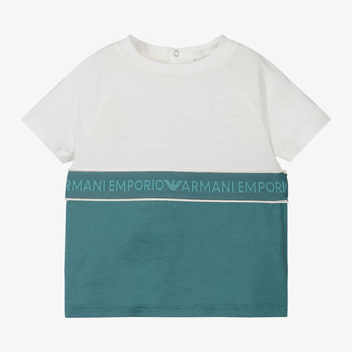 Emporio Armani-تيشيرت ليوسيل وقطن لون عاجي وأزرق فيروزي | Childrensalon Outlet