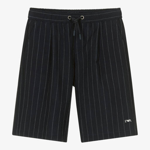 Emporio Armani-Boys Navy Blue Pin Stripe Wool Shorts | Childrensalon Outlet