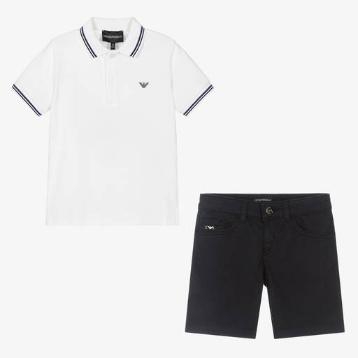 Emporio Armani-Boys White & Blue Cotton Shorts Set | Childrensalon Outlet