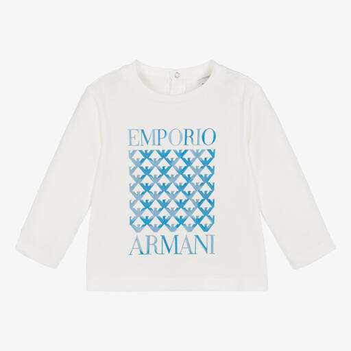 Emporio Armani-Boys White & Blue Cotton Top | Childrensalon Outlet