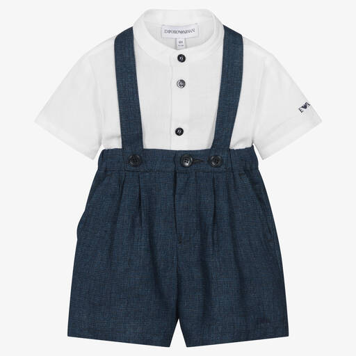Emporio Armani-Leinen-Top & Shorts Set weiß/blau | Childrensalon Outlet