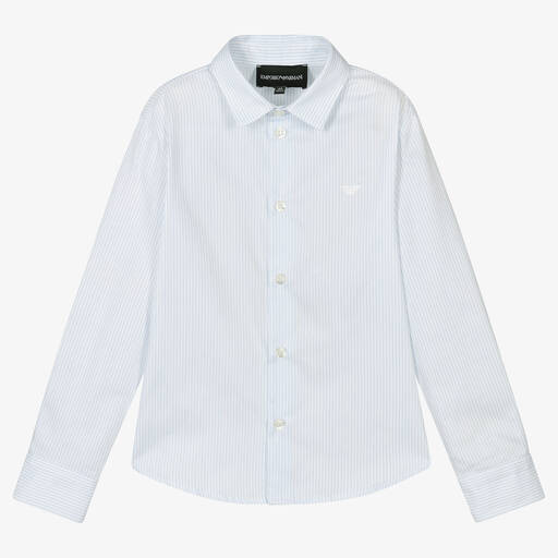 Emporio Armani-Boys White & Blue Pinstripe Cotton Shirt | Childrensalon Outlet