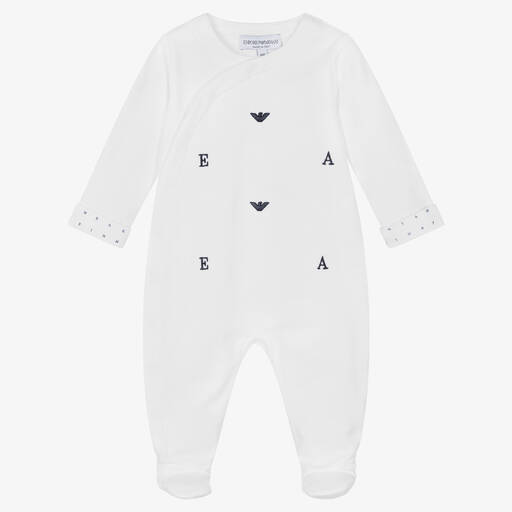 Emporio Armani-Boys White Logo Cotton Babygrow | Childrensalon Outlet