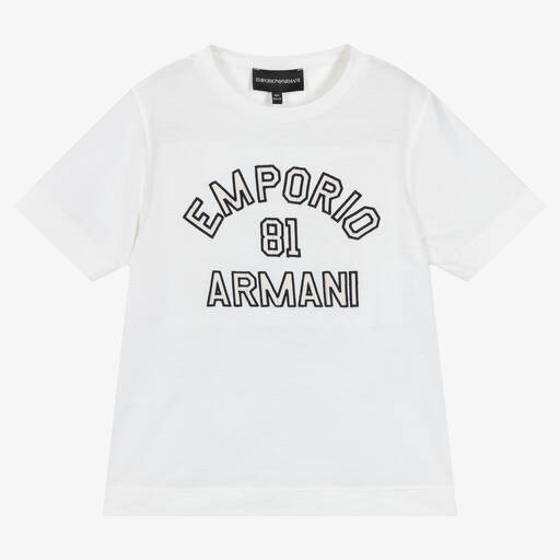 Emporio Armani-تيشيرت ليوسيل وقطن جيرسي لون أبيض للأولاد | Childrensalon Outlet